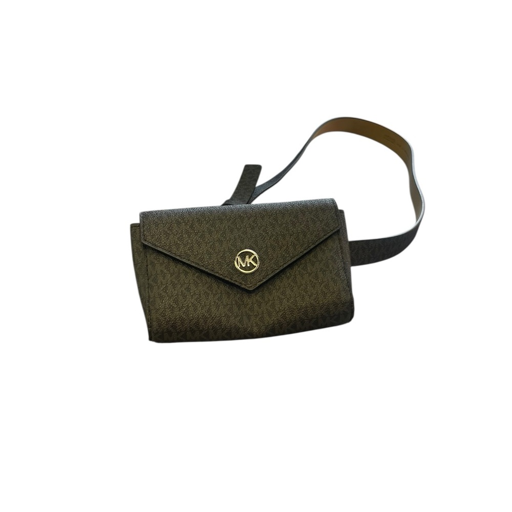 Michael Kors Black brown monogram Crossbody Belt bag clutch snap l/xl new